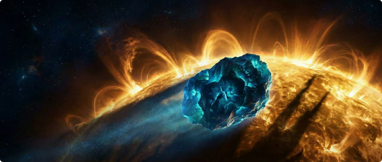 تصویر هنری از سیارک آبی فایتون ۳۲۰۰ (منشأ بارش جوزایی) در حال عبور از نزدیکی خورشید