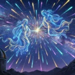 تصویرسازی هنری از صورت فلکی جوزا و بارش شهابی در آسمان شب (کاور مقاله)