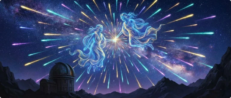 تصویرسازی هنری از صورت فلکی جوزا و بارش شهابی در آسمان شب (کاور مقاله)