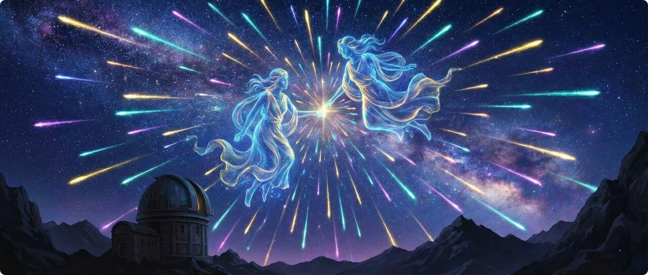 تصویرسازی هنری از صورت فلکی جوزا و بارش شهابی در آسمان شب (کاور مقاله)