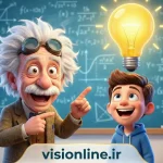 تصویر کارتونی یک دانشمند نابغه و دانش‌آموز خوشحال با نماد لامپ روشن بالای سر، نشان‌دهنده درک عمیق مفاهیم درسی و نبوغ تحصیلی.