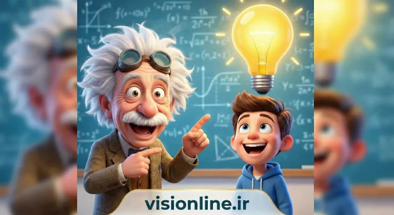 تصویر کارتونی یک دانشمند نابغه و دانش‌آموز خوشحال با نماد لامپ روشن بالای سر، نشان‌دهنده درک عمیق مفاهیم درسی و نبوغ تحصیلی.
