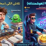 تصویر کارتونی مقایسه تلاش سخت (نوب) با تلاش هوشمندانه (پرو) با استفاده از قانون ۲۰/۸۰ پارتو در درس خواندن.