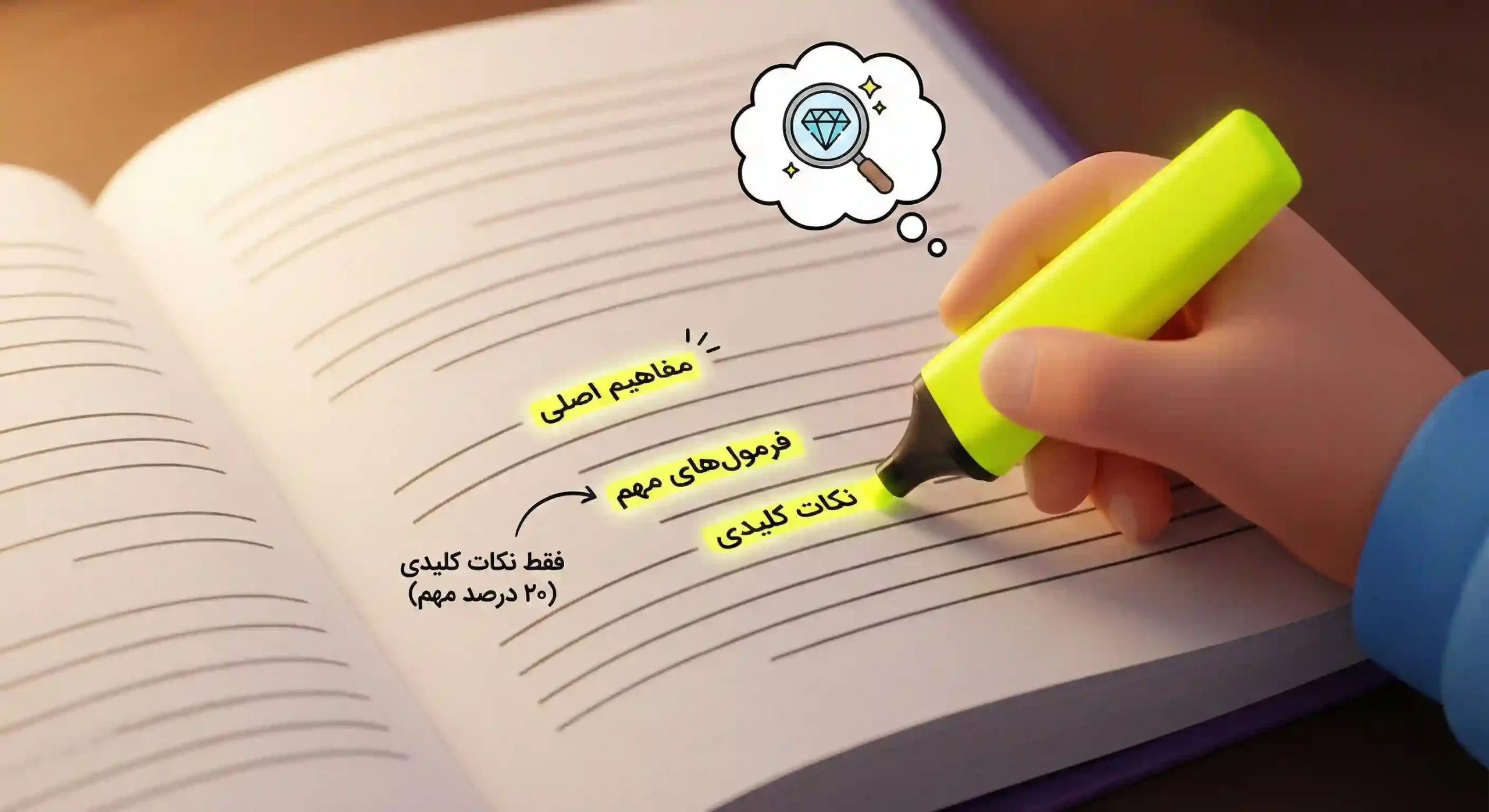 تصویر کلوزآپ از هایلایت کردن فقط نکات کلیدی و مهم کتاب (۲۰ درصد) برای مطالعه شب امتحان.