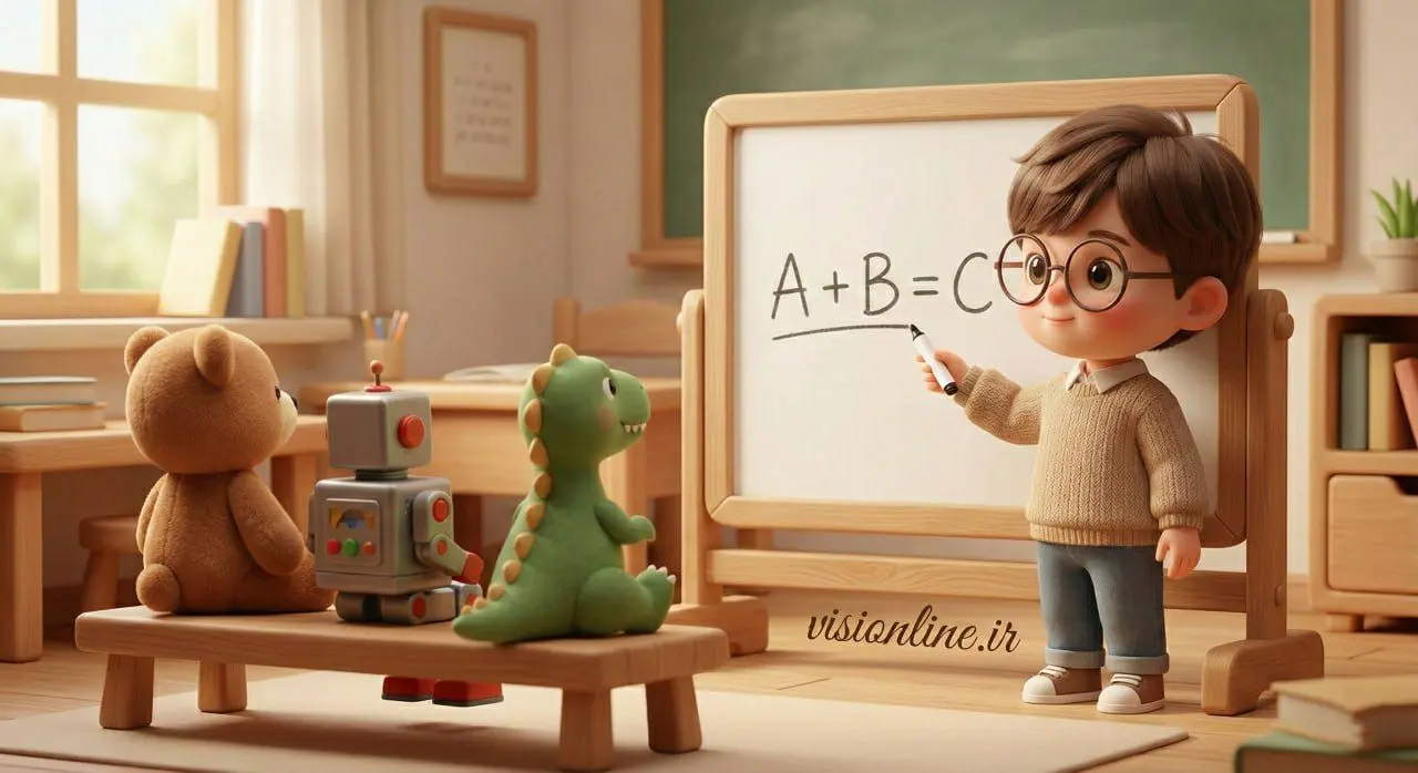 تصویرسازی روش مطالعه فاینمن: دانشآموز در حال تدریس ساده درس روی تخته وایتبرد به عروسکها برای تثبیت یادگیری.