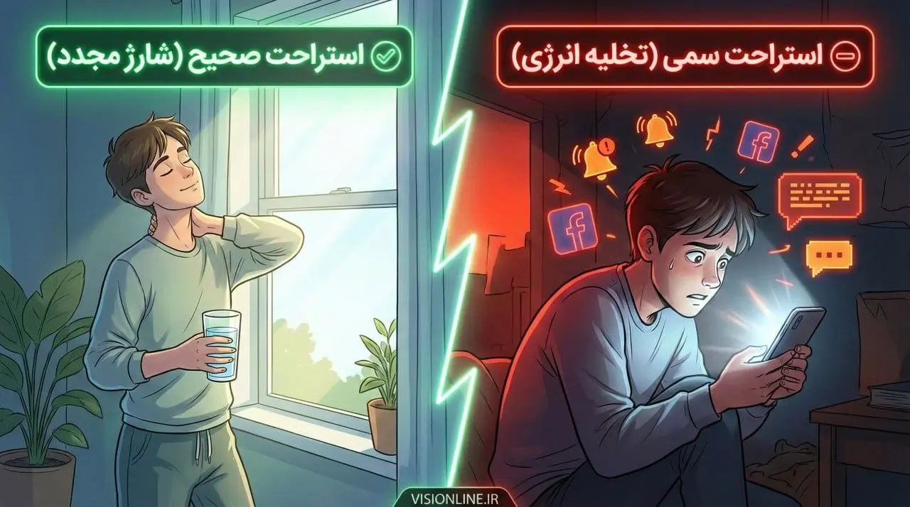 مقایسه استراحت درست (نوشیدن آب و آرامش) و غلط (گوشی موبایل و استرس) در تکنیک پومودورو