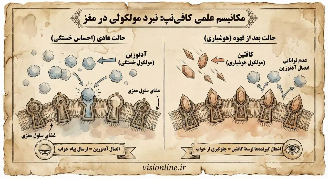 اینفوگرافیک علمی مکانیسم اثر کافی نپ در مغز