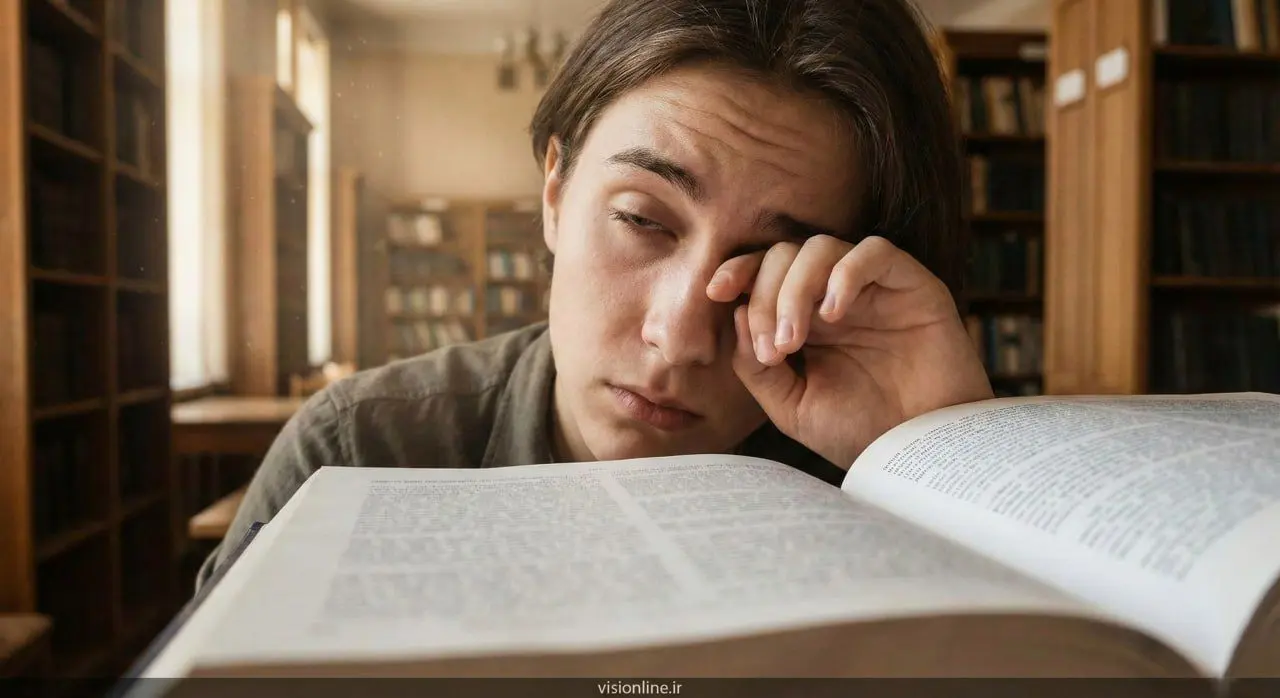 دانشآموز خسته در حال مبارزه با خواب آلودگی بعد از ظهر