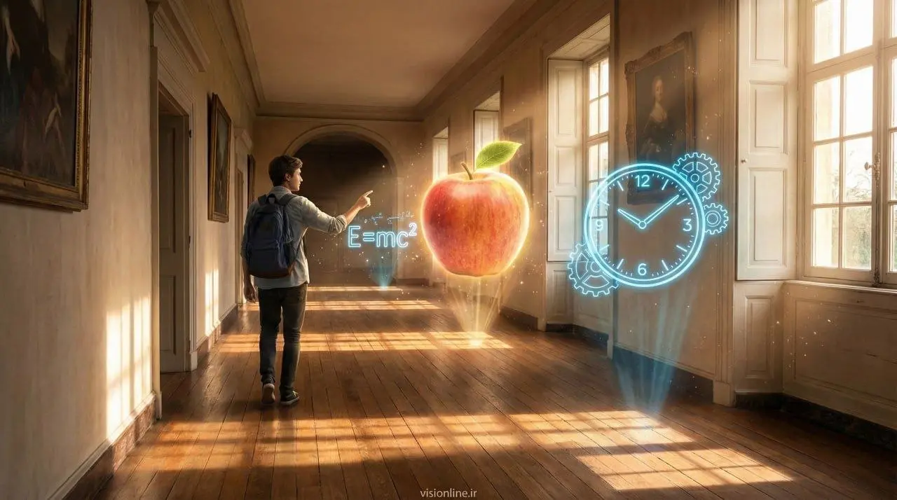 دانشآموز در حال قدم زدن در کاخ ذهنی و مشاهده اطلاعات درسی به صورت تصاویر هولوگرافیک و نمادین