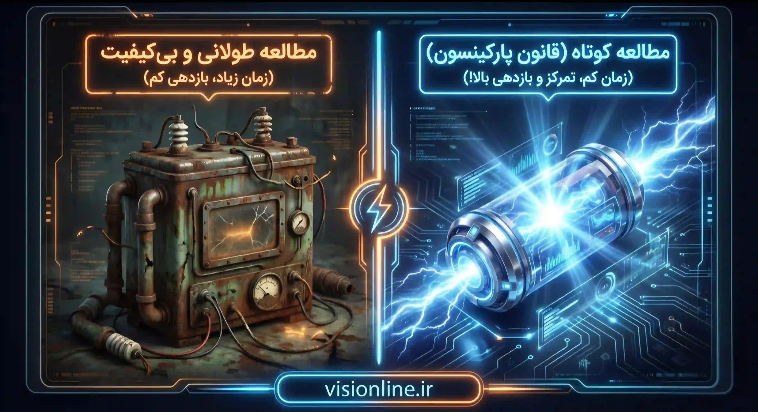 مقایسه مطالعه طولانی و کم بازده با مطالعه کوتاه و پربازده با قانون پارکینسون