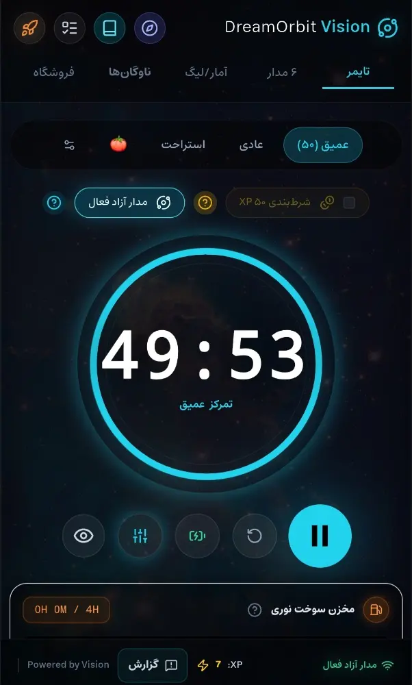 تایمر مطالعه هوشمند پلتفرم اوربیت محیط پلتفرم اوربیت ویژن همراه با تایمر تمرکز عمیق برای دانش آموزان