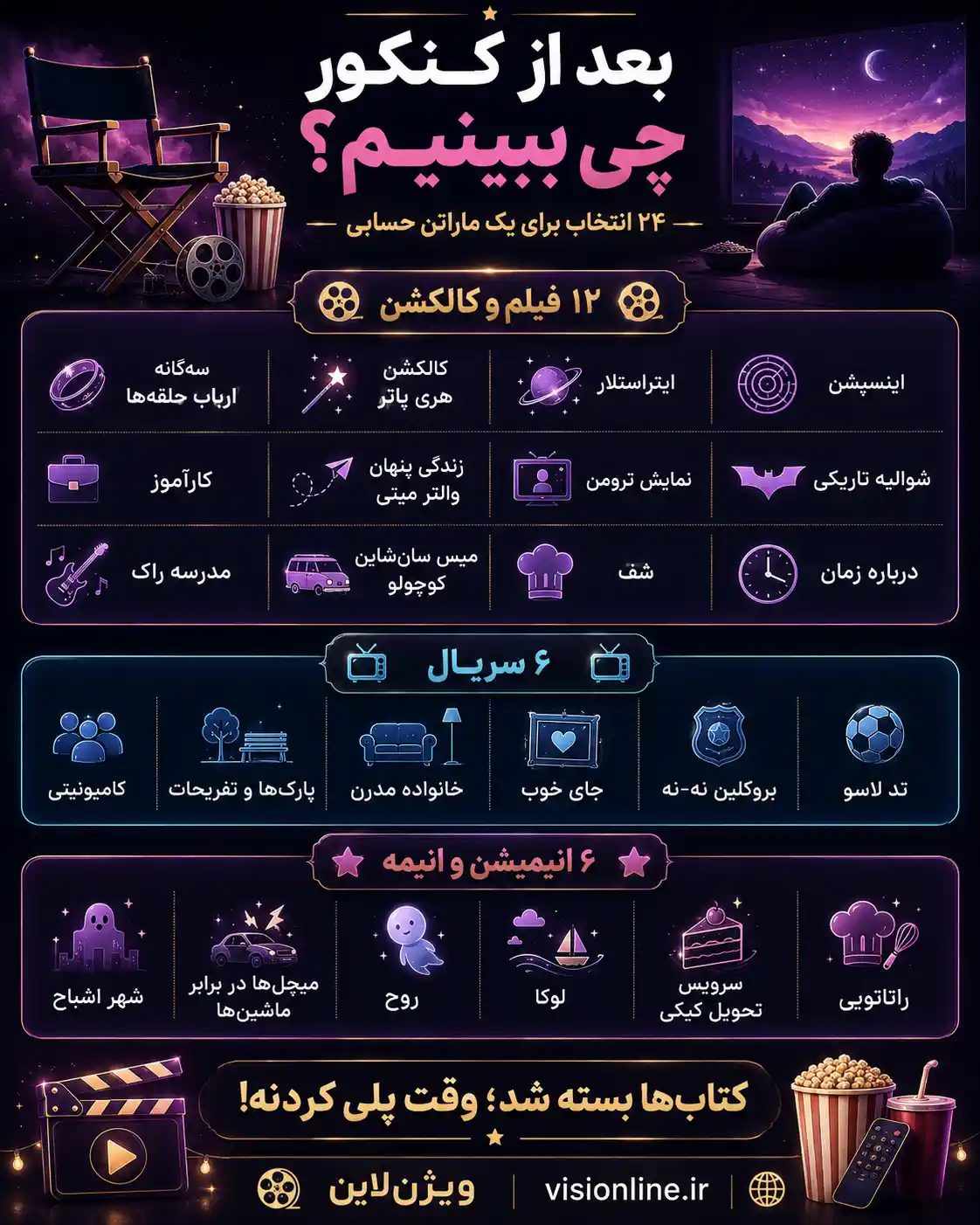 ۲۴ فیلم سریال و انیمیشن برای بعد از کنکور اینفوگرافیک فیلم و سریال برای بعد از کنکور با ۲۴ پیشنهاد